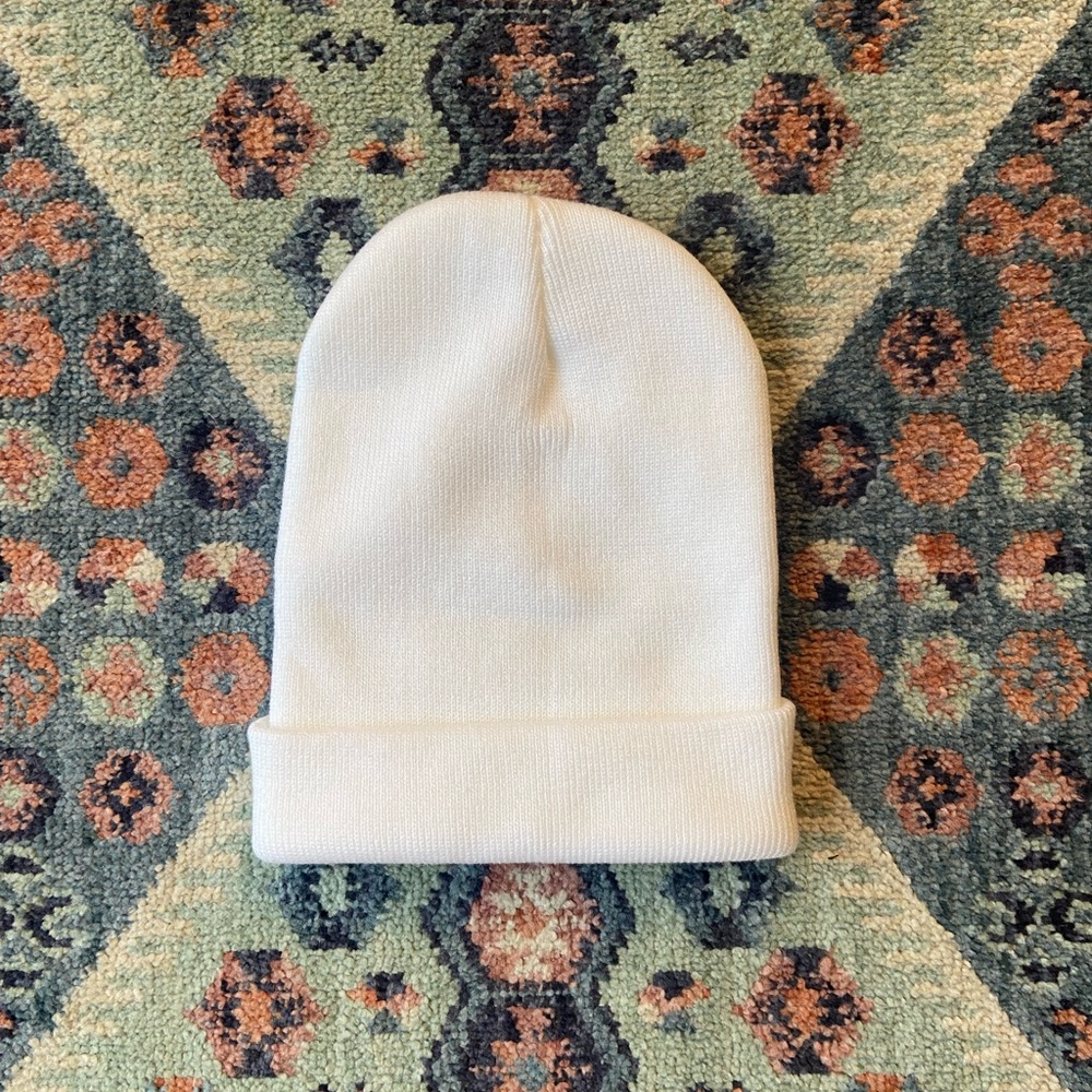 NWOT white knit beanie fold over unisex hat winter layer accessory OSFM
